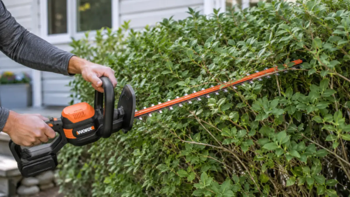 Close-up of hands holding the WORX cordless hedge trimmer against a hedge, dual-action blades visible
