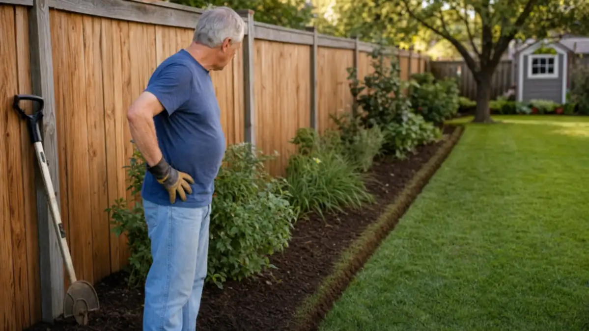 Homeowner stepping back to look at a freshly cut straight lawn edge along a garden bed