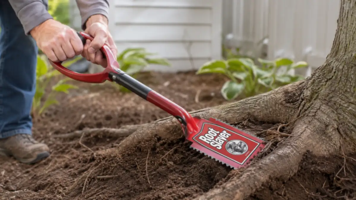 Close-up of the serrated teeth on a Root Slayer shovel blade sawing through a root