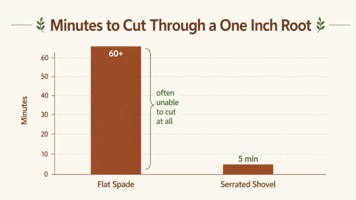 Bar chart comparing time to dig through a root with a flat spade versus a serrated shovel