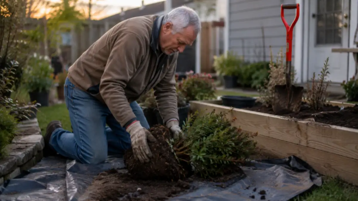 Homeowner in work gloves kneeling beside a freshly dug root ball next to a serrated garden shovel