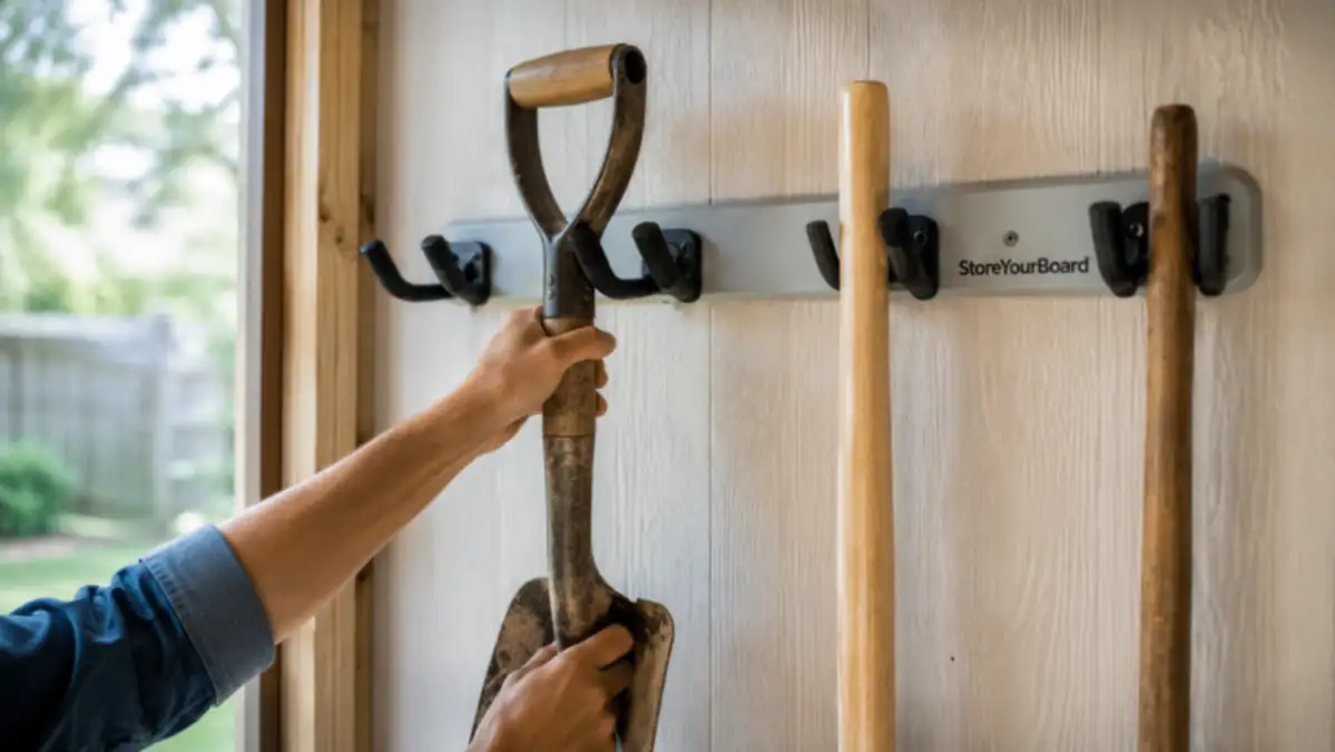 Close-up of rubber coated hooks on a wall-mount tool rack holding a shovel and a rake
