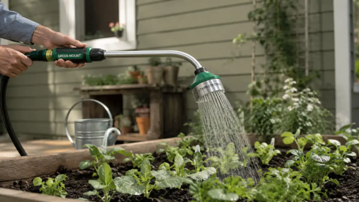 Close-up of a stainless steel watering wand head releasing a gentle rain-like spray over potted flowers