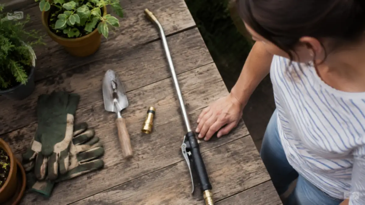 A brass spray nozzle and a long watering wand laid side by side on a garden bench