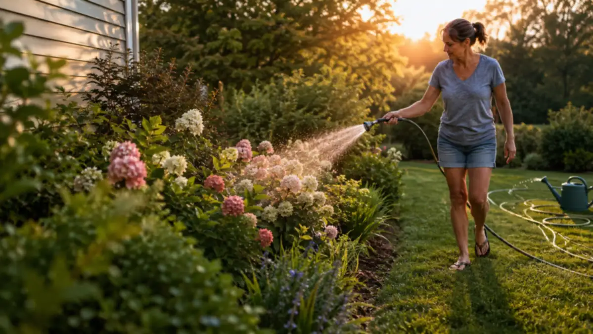 A gardener watering a long backyard border in one pass with a long-handled wand