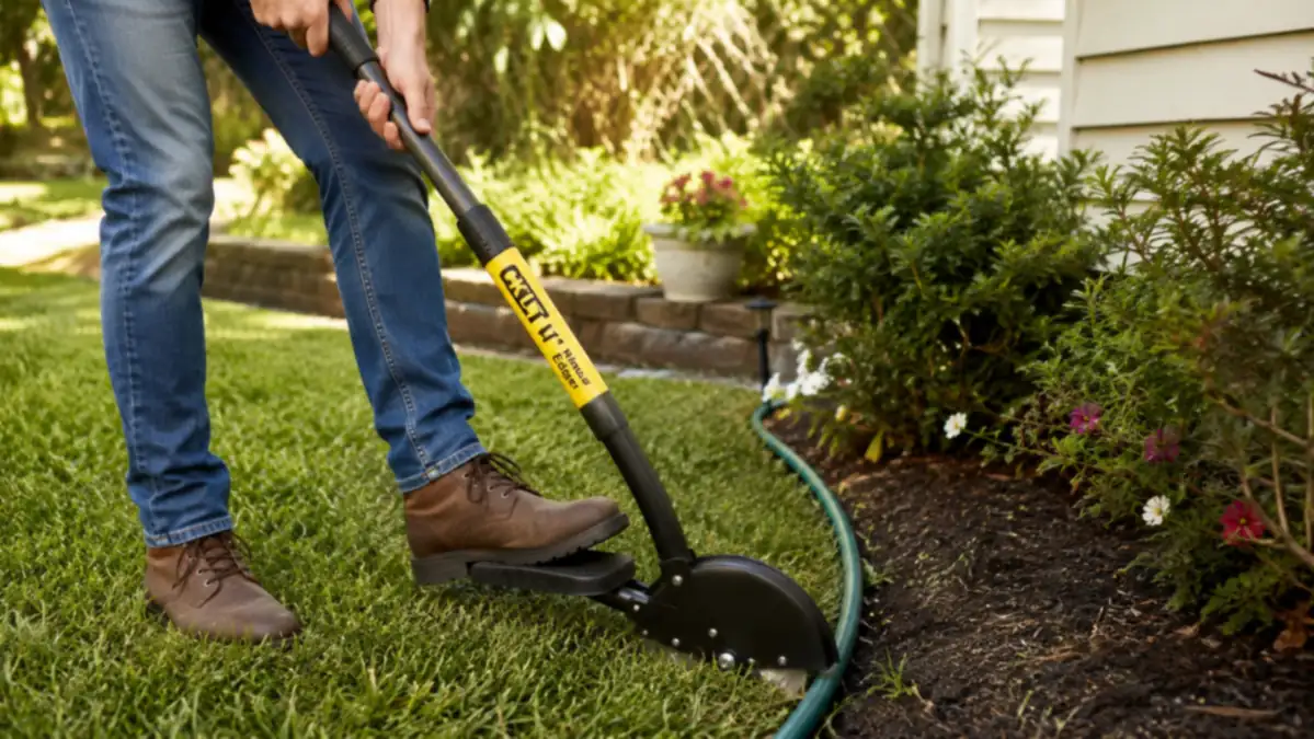Hands gripping the long rubber handle of the CKLT lawn edger, stepping the blade along a garden hose laid out to mark a curved line
