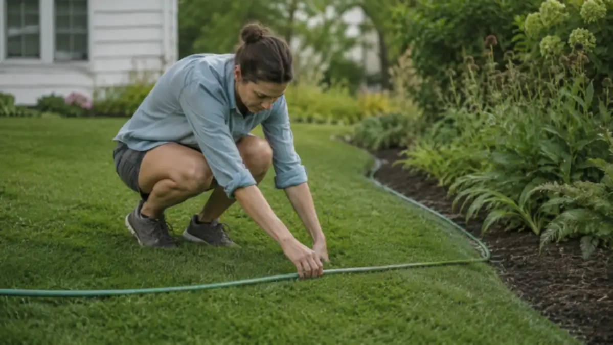 A garden hose laid out in a gentle curve along a foundation bed to mark where the new edge will be cut