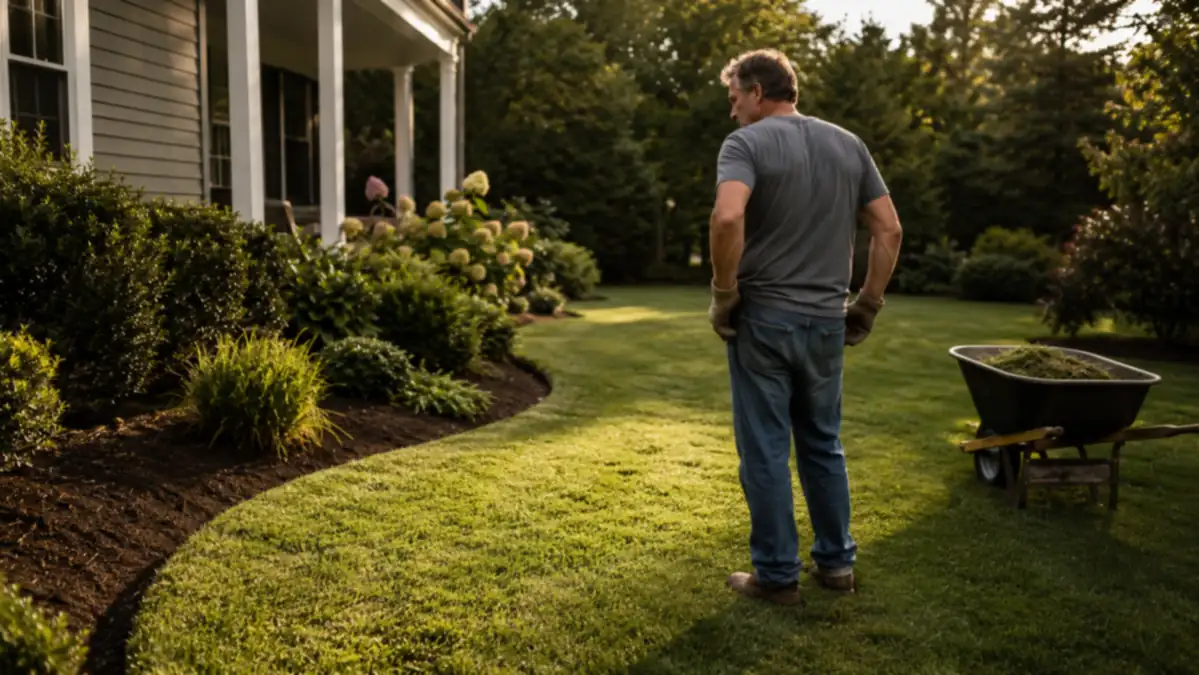 Homeowner stepping back to admire a freshly edged curved border between the lawn and a mulched bed near the porch