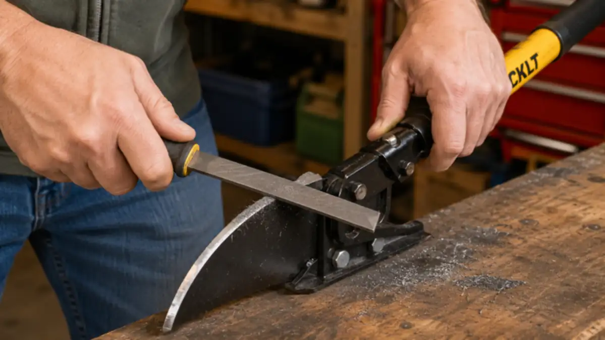 Hands running a flat mill file along the edge of the CKLT edger's blade to sharpen it before use