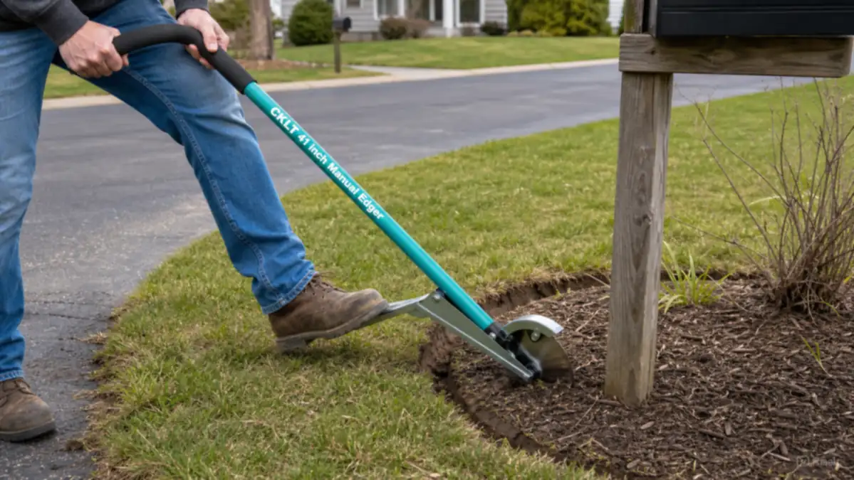 A boot working the CKLT edger in short choppy strokes around the tight curve of a small circular flower bed by a mailbox post
