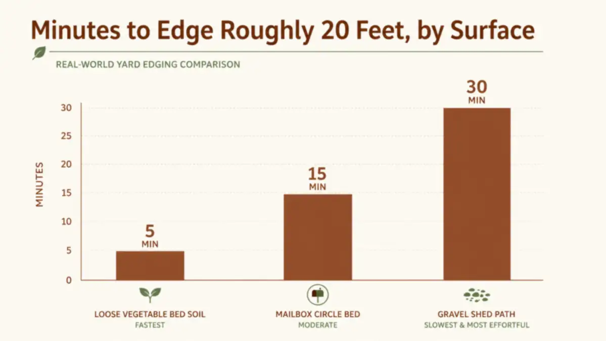 Bar chart comparing how many minutes it took to edge three different surfaces, loose garden soil, a gravel path, and a tight mailbox bed