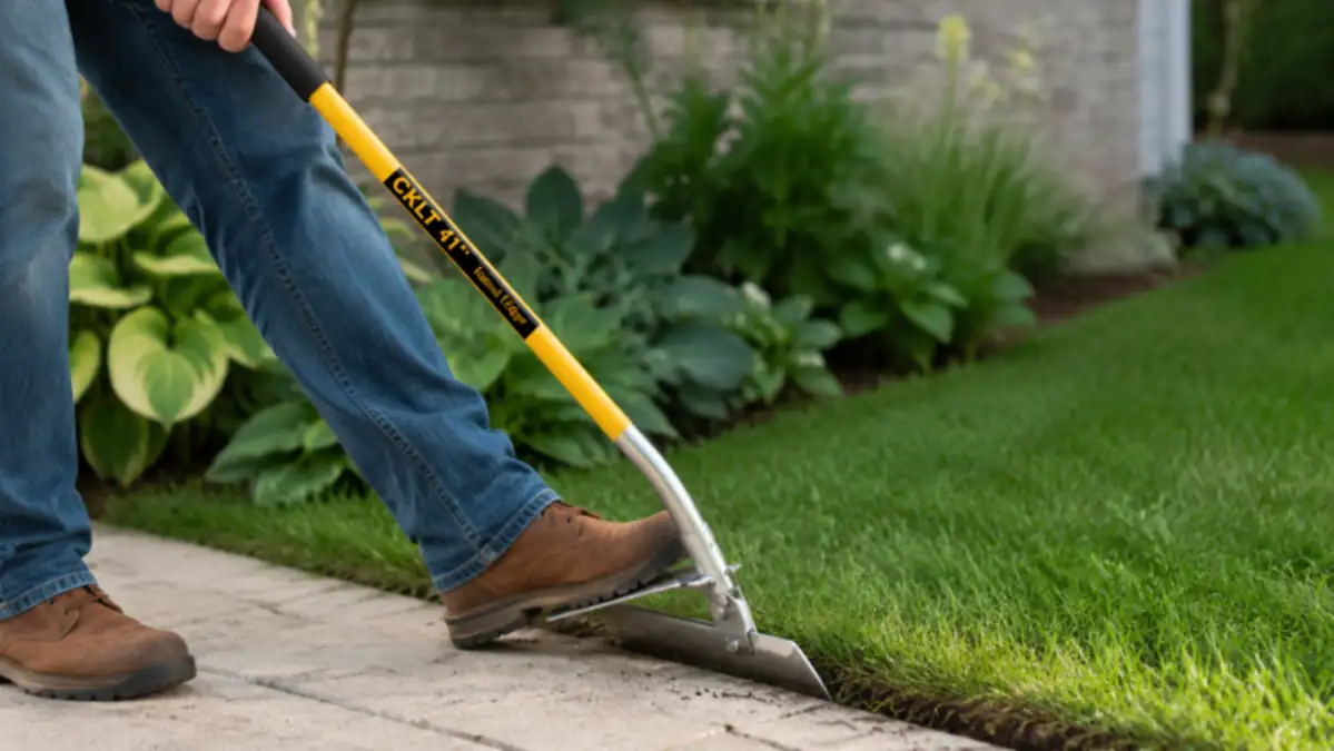A boot pressing down on the wide footplate of the CKLT lawn edger to drive the blade into the turf