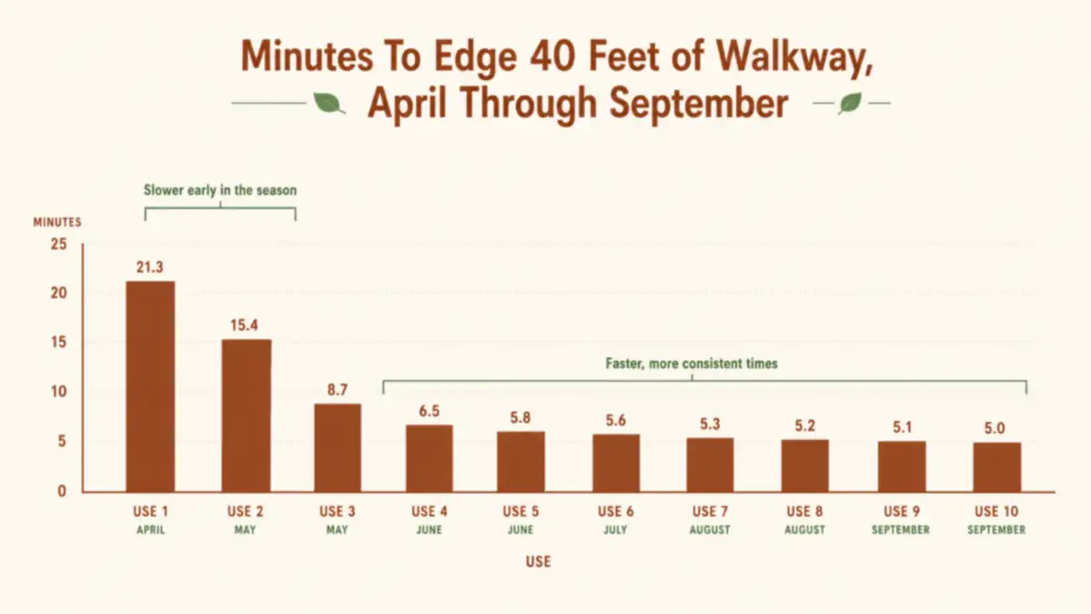 Chart comparing the time it took to edge the same 40 foot walkway across a season of use