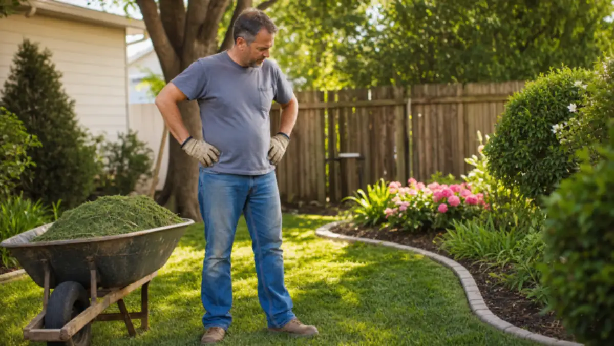 Homeowner standing back to look at a freshly edged border between the lawn and a garden bed