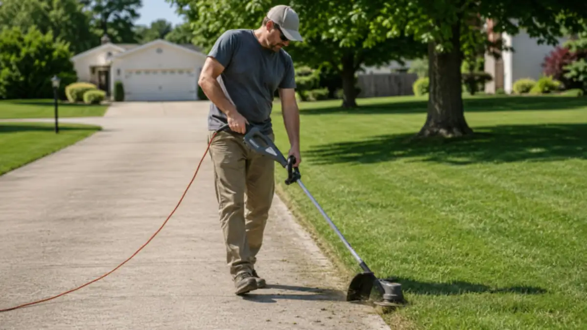 A neighbor guiding a corded electric edger along a straight concrete driveway edge