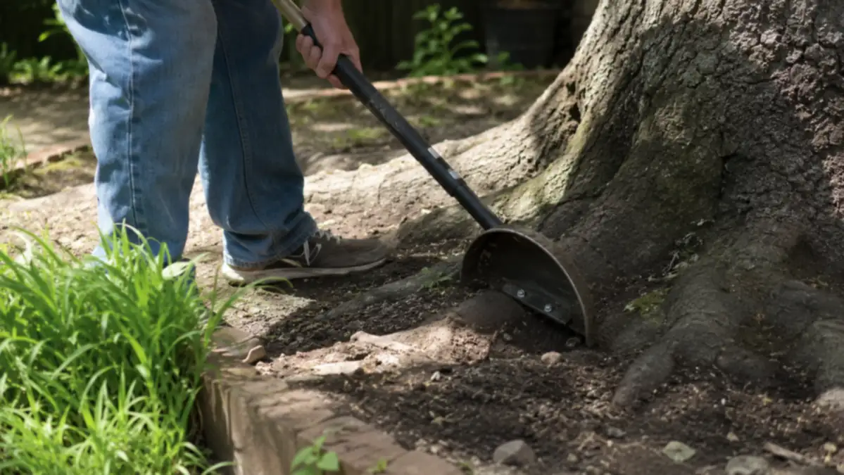 Close-up of a half-moon edger blade working through compacted soil near exposed tree roots
