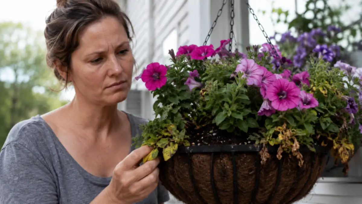 Close-up of a hanging basket with slightly yellowed lower leaves and soggy soil, showing early signs of root rot