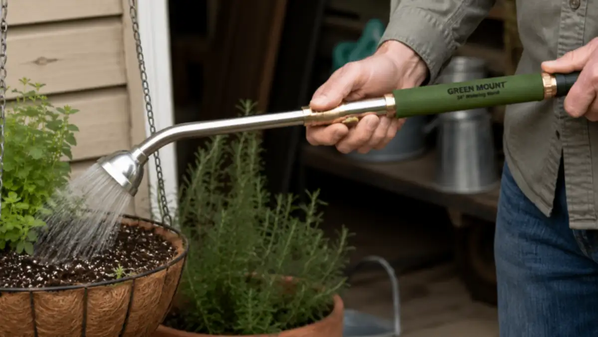 Hand gripping the thumb valve of the Green Mount watering wand while a gentle fan of water reaches into a basket