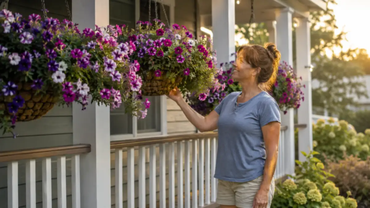 Recovered hanging baskets full of healthy petunias along a porch railing in late summer