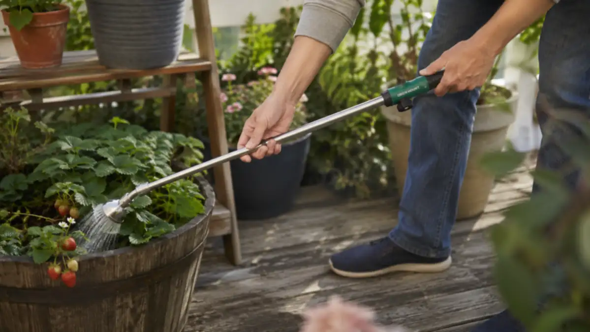 Hand gripping the Green Mount watering wand at an angle to reach a strawberry barrel planter close to the deck floor