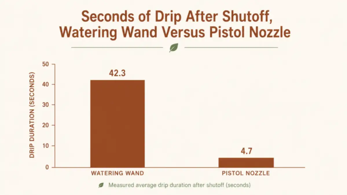 Chart showing how long the Green Mount wand keeps dripping after the thumb valve is shut off compared to a standard hose nozzle