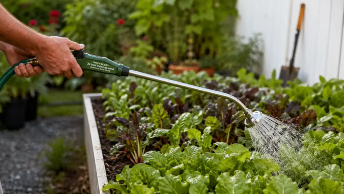 Hand gripping the trigger of the Green Mount watering wand while watering a raised garden bed