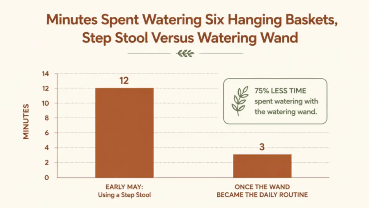 Chart comparing minutes spent watering hanging baskets before and after switching to a watering wand