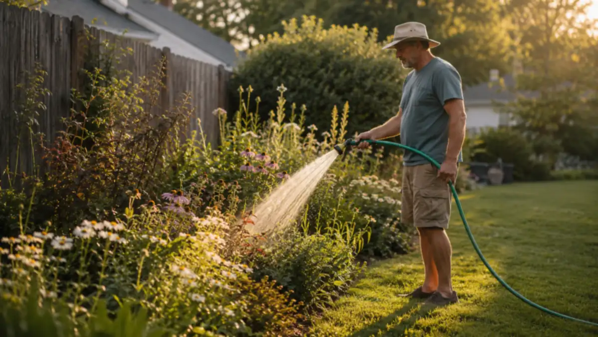 Homeowner watering a long flower border at dusk with a green watering wand attached to a garden hose