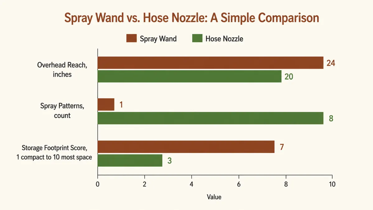 Bar chart comparing reach, spray pattern count, and storage footprint between the watering wand and a standard hose nozzle