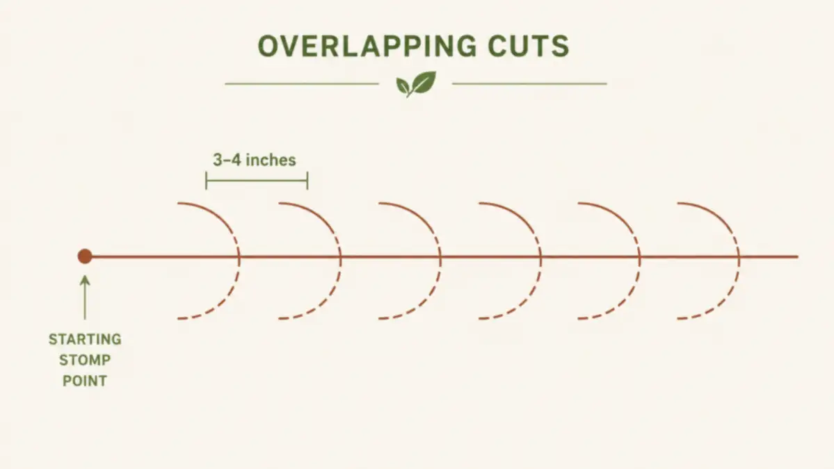 Diagram showing overlapping edger cuts spaced a few inches apart along a straight border line