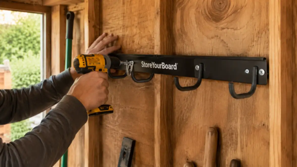 Close-up of hands mounting the StoreYourBoard tool rack to a shed wall with a drill, rubber coated hooks visible