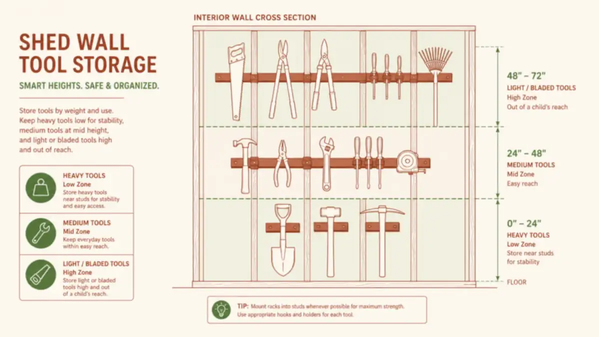 Diagram showing a shed wall layout with heavy tools mounted low near studs and light tools mounted higher