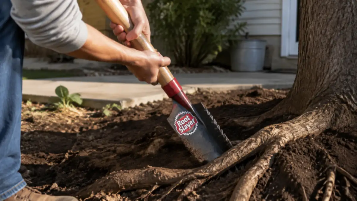 Close-up of the Root Slayer serrated shovel blade sawing through a thick woody root