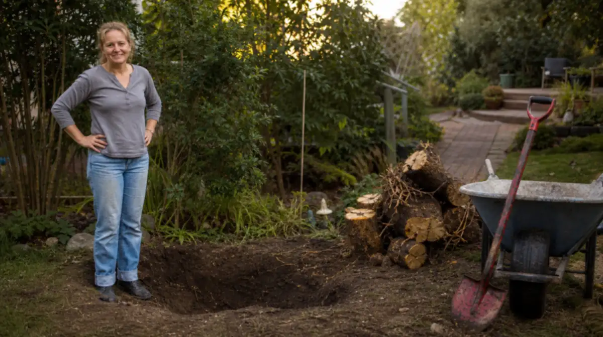 Empty planting hole with cut roots piled to the side and a serrated shovel resting against a wheelbarrow