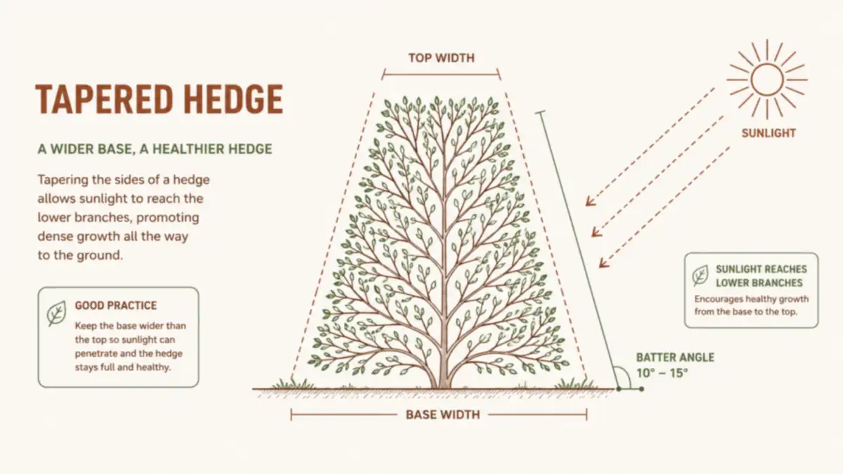 Simple diagram showing a hedge cross section with a slightly narrower top than base, labeled batter angle