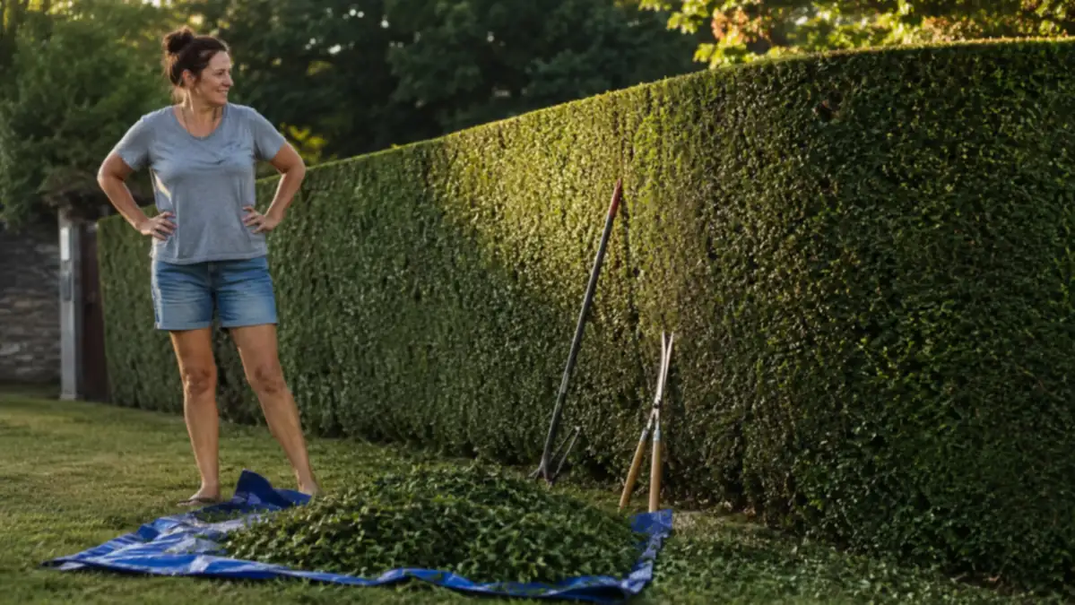 Freshly trimmed hedge with clean straight lines next to a pile of raked clippings on a tarp