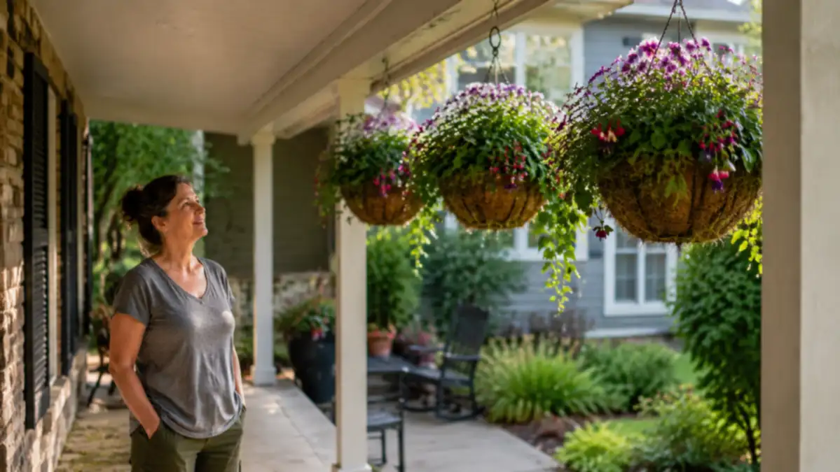 Row of hanging baskets on a porch beam glistening with water after an early morning watering session