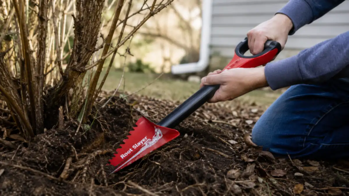 Serrated garden shovel blade pressed against a thick shrub root