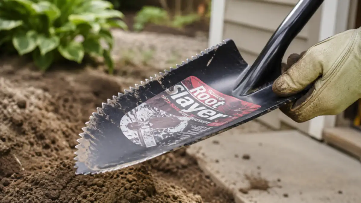 Close-up of the Root Slayer's serrated blade edge with visible wear marks after months of use