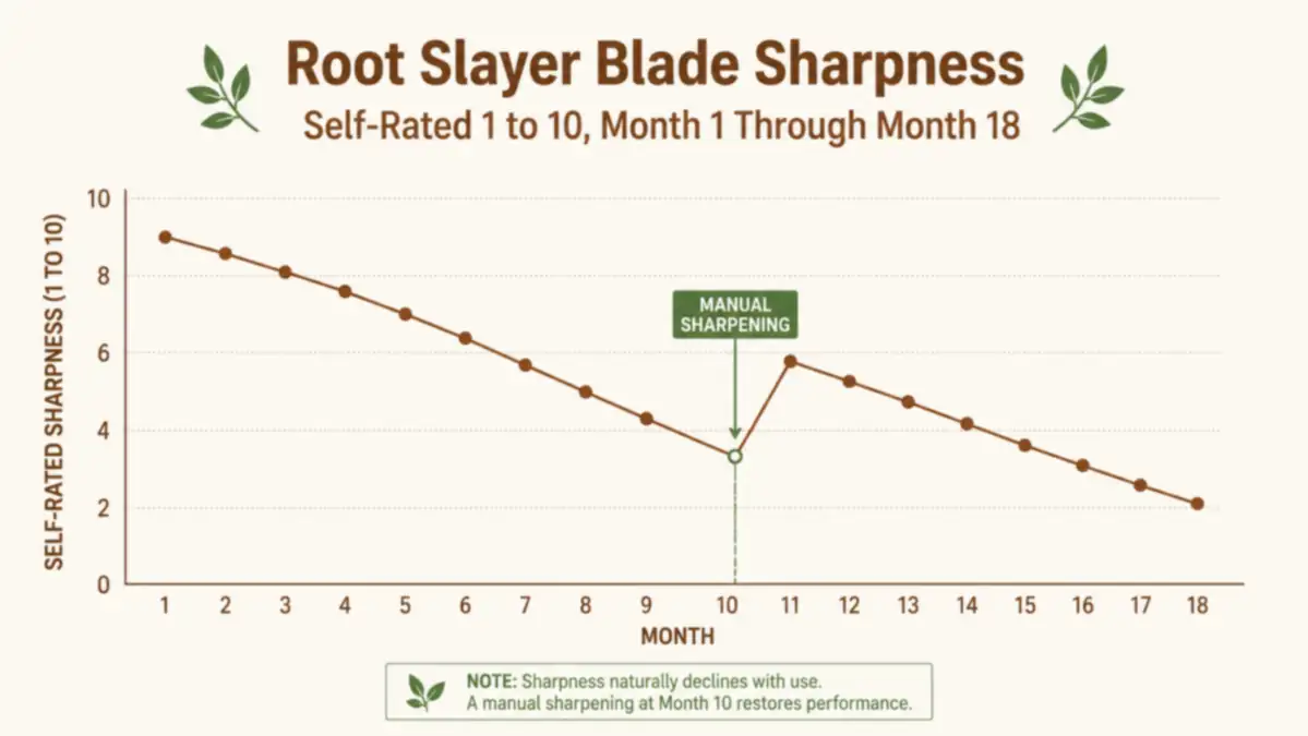 Chart showing self-rated blade sharpness of the Root Slayer shovel from month 1 to month 18 of ownership
