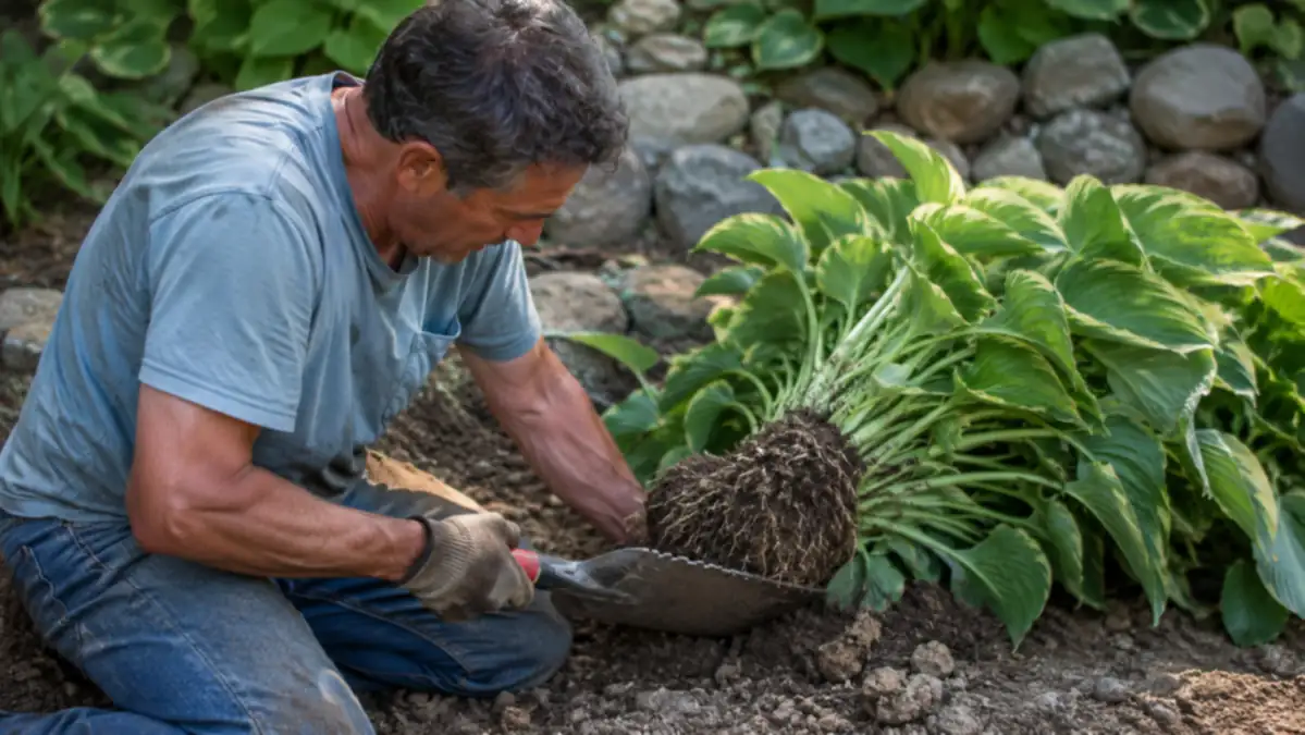 Homeowner using the Root Slayer shovel to pry a stubborn hosta clump out of sandy soil near a rock border