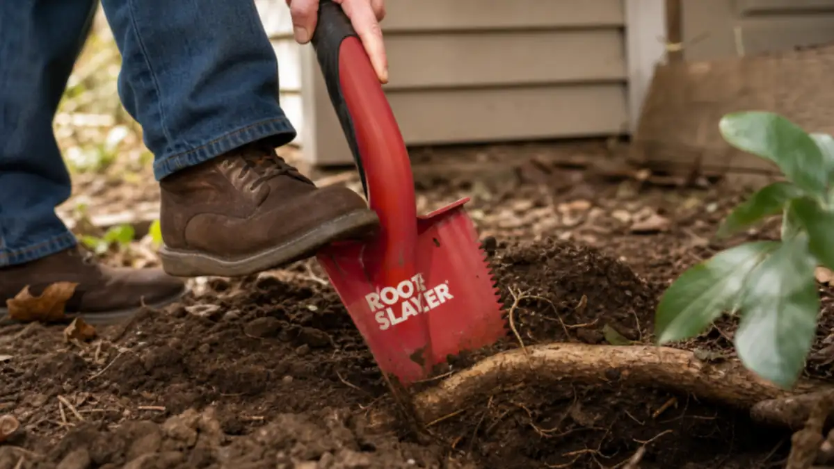 Hands pushing the serrated blade of the Root Slayer shovel down through a thick root