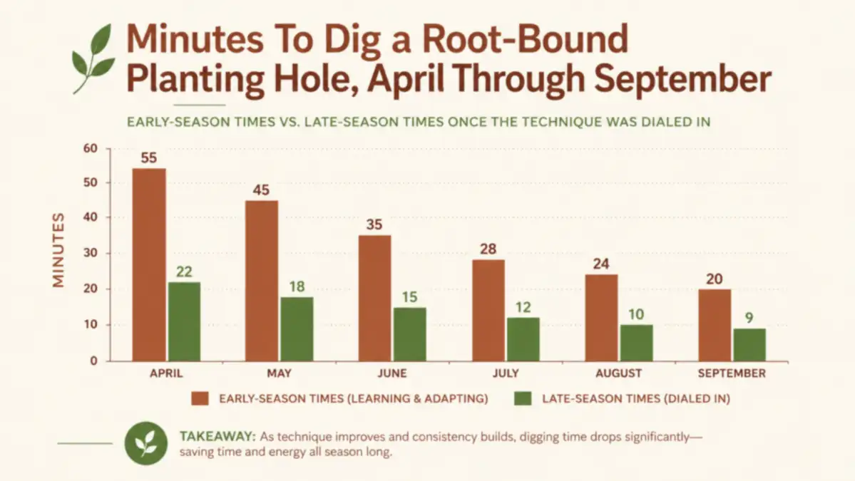 Chart showing digging time per planting hole across a season of using the Root Slayer shovel