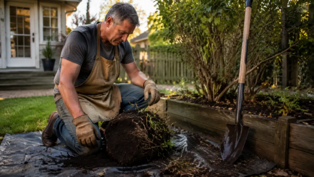 Homeowner kneeling beside a raised bed after digging out a shrub root ball with a serrated shovel