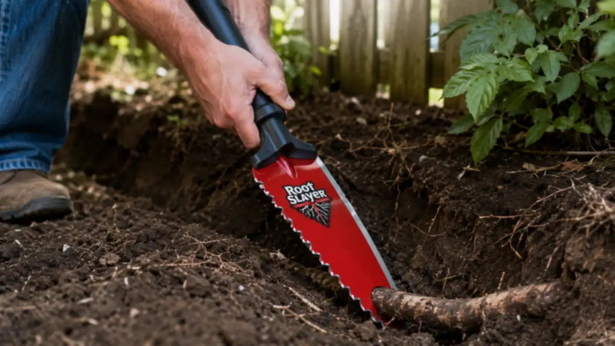 Hand gripping the Root Slayer shovel handle with the serrated blade wedged against a thick tree root in the soil