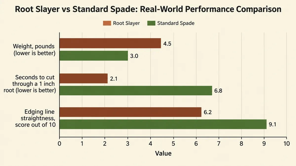 Bar chart comparing weight, root-cutting speed, and edging cleanliness between the Root Slayer shovel and a standard spade