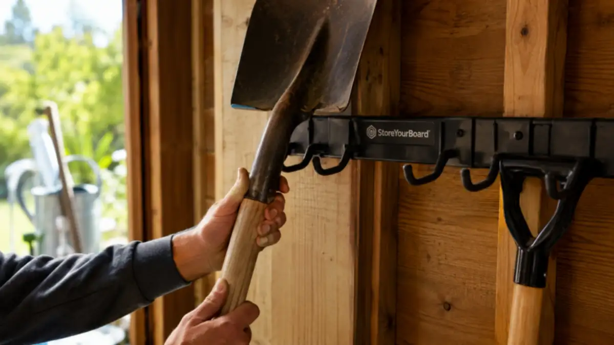 Close-up of hands hanging a shovel on a rubber-coated hook of a wall-mounted tool rack