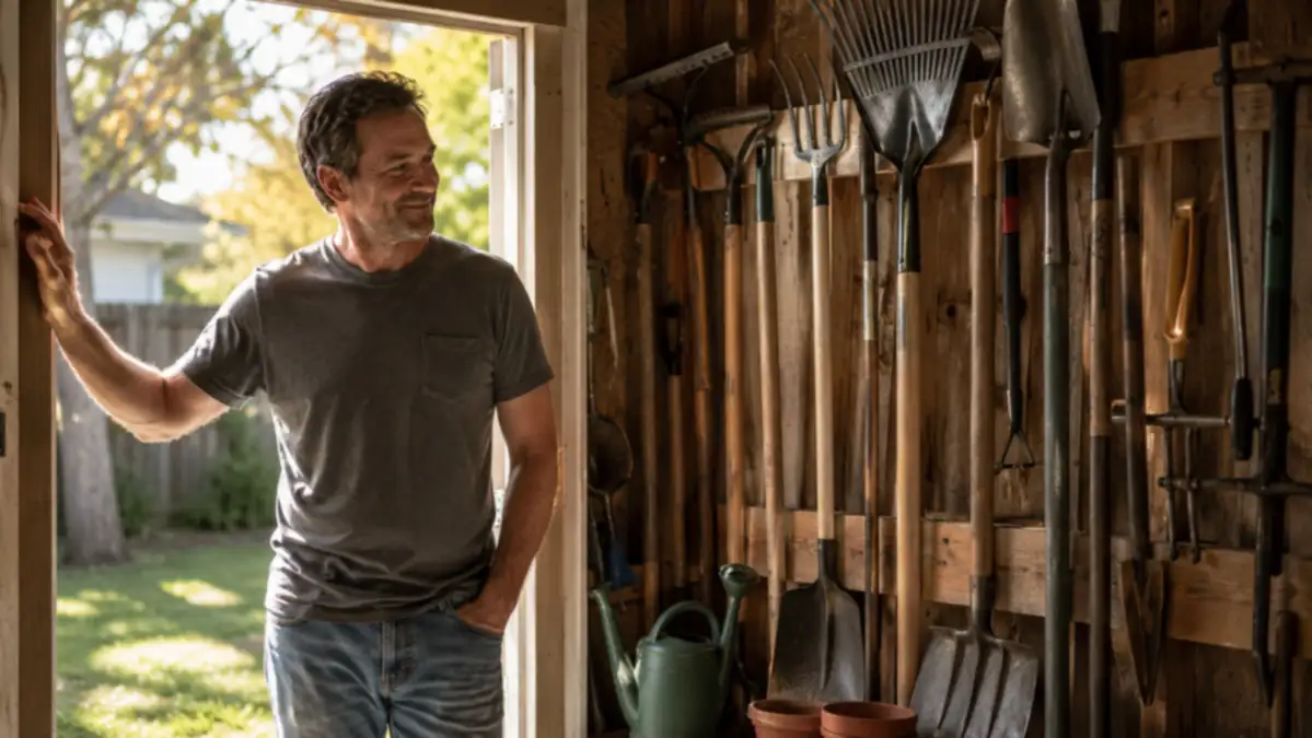 A homeowner standing in a doorway looking at an organized shed wall with garden tools hung neatly