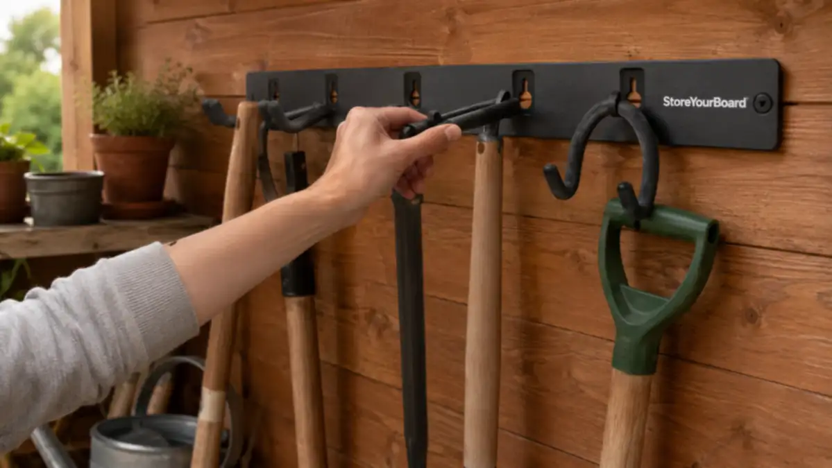 Close-up of a hand pushing a slipped rubber-coated hook back into place along the StoreYourBoard rack's keyhole slot