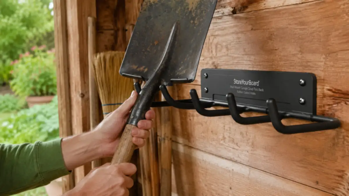 Hands hanging a spade by its handle on one of the rubber-coated hooks of the StoreYourBoard rack